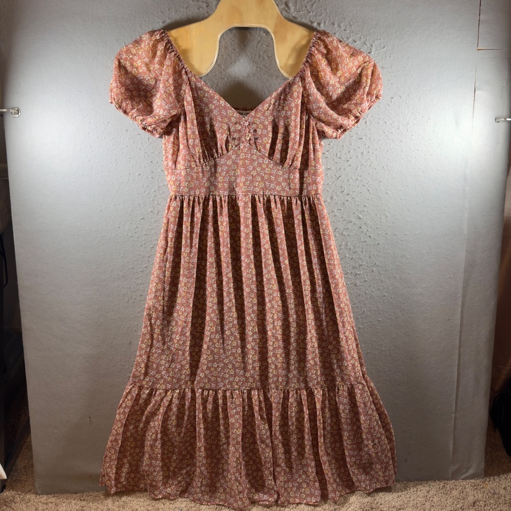 1594 | NWT Mimi Chica Cottagecore Floral Puff Sleeve Midi Dress‎ Pink Women L